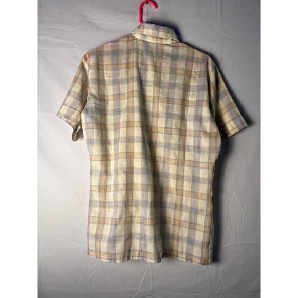 Vintage 70s-80s Wrangler Cream Blue Plaid Button Up Short Sleeve Shirt Men Small - Picture 2 of 4